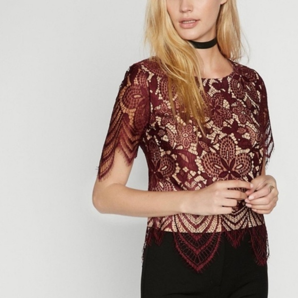 Express Wine Lace Overlay Lined Crop Top - Picture 7 of 9